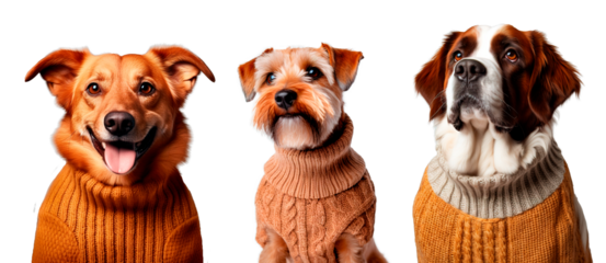 Three adorable different breed dogs wearing warm wool jumpers. Isolated on white transparent background
