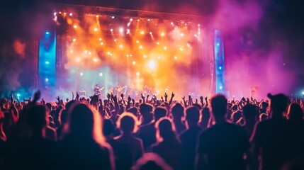 A large crowd is celebrating at a concert, surrounded by bright lights and smoke, with hands raised in excitement.