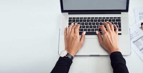 Above, laptop or hands at desk mockup for remote work, research or financial planning in home office. Woman, computer or type at screen space for budget, account management or company online banking