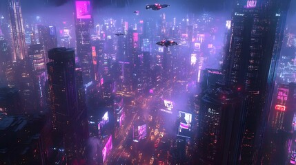 Obraz premium Futuristic cityscape, neon purple and electric blue lights, flying vehicles, towering skyscrapers, holographic billboards, cyberpunk aesthetic, night scene, reflective surfaces.