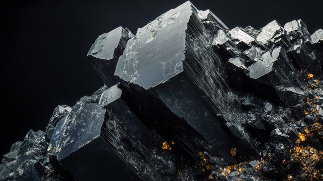 A sharp, detailed image of a mineral formation with sharp angles and deep textures, set against a black solid background and lit by controlled studio lights