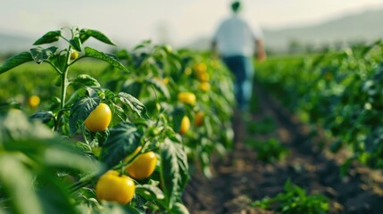 Picturesque family run fruit farm with workers tending to crops and lush greenery in the countryside  Showcases the daily activities and deep depth of field of a sustainable