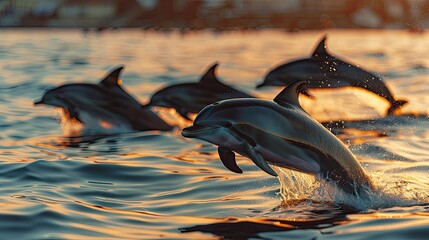 Fototapeta premium Wild dolphins jumping in ocean at sunset, pod of common dolphins leaping through sea waves, golden hour marine wildlife photography