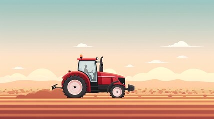 Obraz premium A tractor in a farm field, minimalistic style, clear and simple design, 2D vector illustration, muted colors