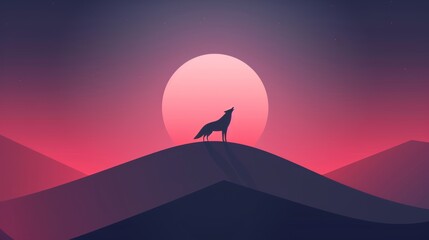 Naklejka premium Wolf howling at night, minimalist approach, basic shapes and lines, 2D vector illustration, soft gradients