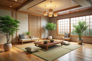 Fototapeta premium Zen Den for Relaxation: Serene, minimalist, calming colors, soft textures, natural elements