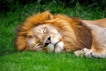 Serene lion sleeping peacefully in green grass