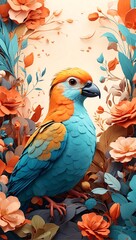 Obraz premium Illustration of tropical wallpaper print design with standing flamingos, tropical flowers and leaves. Tropical birds and plants on textured background.