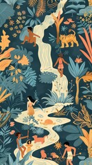 Children explore a winding river amidst a colorful jungle landscape teeming with wildlife and vegetation