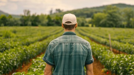 A farmer in plaid shirt and cap stands in a verdant orchard examining crops amid the lush greenery of a pastoral countryside landscape with rolling hills and mountains in the distant background