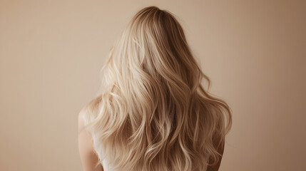 Naklejka premium blonde hair, back side of young woman with long blonde hair isolated on beige, hair care