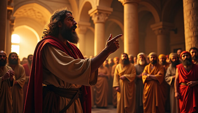 A passionate depiction of Apostle Paul fervently preaching the Gospel in an ancient synagogue, capturing the intensity and dedication of early Christian ministry.