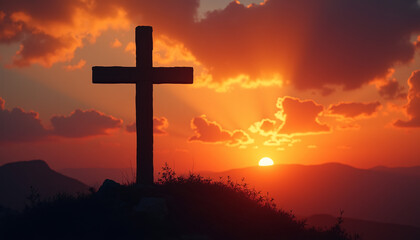 A cross silhouetted against a vibrant sunset sky, symbolizing faith and redemption in Christian belief, with deep, emotional undertones.