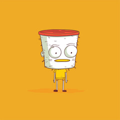 Quirky character with large eyes and red shorts, standing on an orange background.

