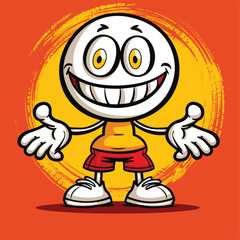 Cheerful emoji character with red pants and white shoes, standing confidently.
