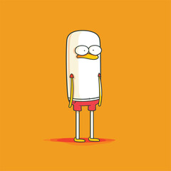Quirky character with large eyes and red shorts, standing on an orange background.

