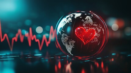 Earth with a red heartbeat pulse, The signal of global economic, business, financial crisis and recession. Greenhouse gases, Global warming and climate change. Carbon dioxide