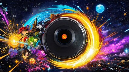 Obraz premium Gramophone with vinyl record and colorful fireworks in the night sky