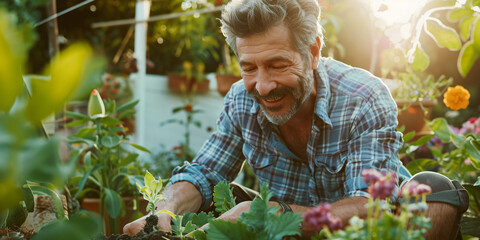 Fototapeta premium A man happily tends to his garden, surrounded by vibrant flowers and lush greenery. The sunlight bathes the scene in a warm glow,. caucasian man