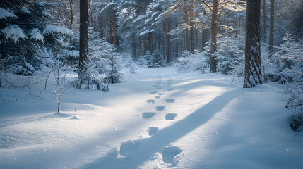 A pair of footprints leading through a snow-covered forest, the path winding between tall trees with heavy snow on their branches, creating a sense of solitude and tranquility.