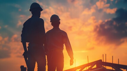 Fototapeta premium Silhouetted carpenters hard at work framing a new construction project as the sun sets creating a dramatic architectural scene with an orange sky and clouds in the background
