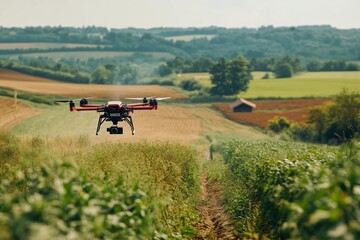 Drone flying over a green agricultural field in rural landscape during sunny weather