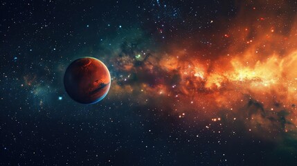 Obraz premium Stunning view of a distant planet against a vibrant cosmic background, illustrating the beauty and mystery of outer space.