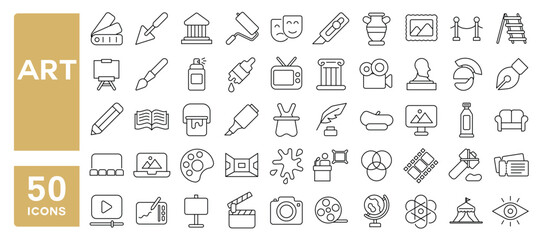 Set of 50 line icons related to art, literature, exhibition, painting, museum, sculpture, artist, creativity, gallery, Editable stroke. Vector illustration