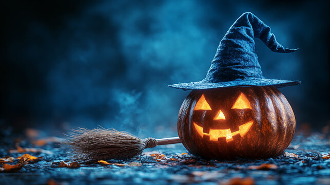 Halloween pumpkin with witch hat and broom on dark background. Halloween concept