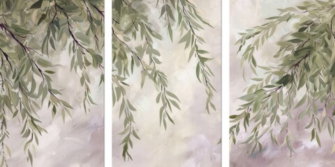 Set of 3 wall art panels with abstract willow tree prints in pale green, soft beige, and deep olive, on dusky purple background, painting, close up, split into three on white background 