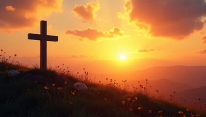 Fototapeta premium A silhouette of a Christian cross standing on a grassy hill at sunrise, symbolizing the harmony between nature and spirituality, perfect for Easter themes.
