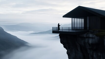 A wizard's tower perched on a rocky outcrop, overlooking a mist-covered valley. The wizard stands on the balcony, his long staff in hand, watching over the land below