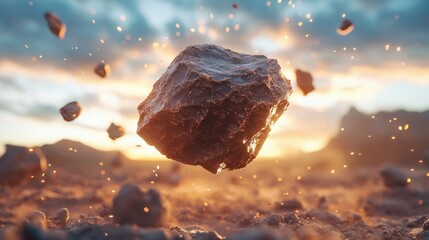 a chocolate meteorite falling from the sky. Daylight and lighting.