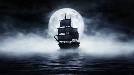 Obraz premium Apparition ship, luminous fog, spectral waves, moonlit night, supernatural maritime