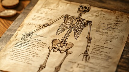 Arthritic prevention illustration of human skeleton on aged paper