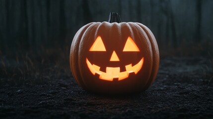 Obraz premium Carved pumpkin, dark forest trail, haunting glow, spooky Jack-o'-Lantern, night mist
