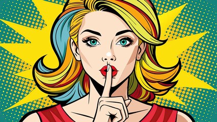 Colorful pop art style woman making a shh gesture with finger