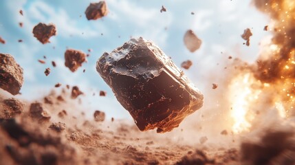 a chocolate meteorite falling from the sky. Daylight and lighting.