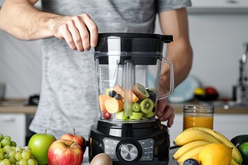 Man making smoothie with fresh fruits in kitchen blender