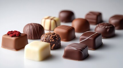 chocolates lined up against a simple background. The lighting and the image make it look bright.