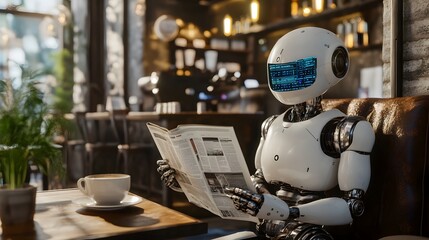 Robot Enjoying Coffee and Newspaper in a Cozy Cafe