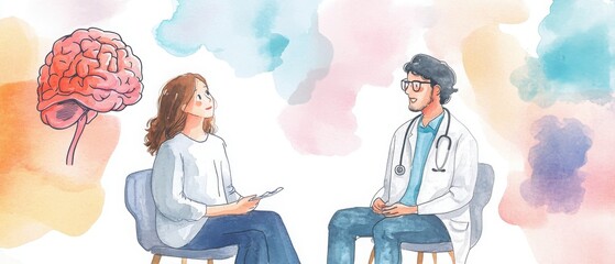 A doctor and patient engage in a thoughtful conversation in a colorful, artistic setting representing mental health awareness.