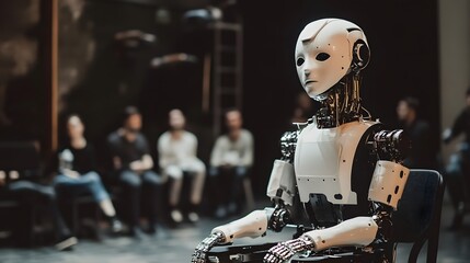Fototapeta premium AI Robot Performing On Stage in a Theater Play Production