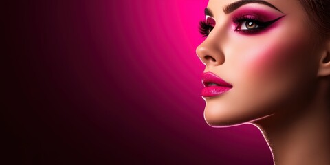 Vibrant beauty portrait with striking pink makeup on glamorous woman
