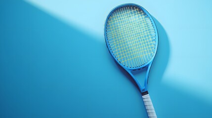 Tennis racket casting shadow on cracked concrete surface, overhead view, dramatic lighting, textured background, high contrast, detailed cracks, sports equipment, metallic blue frame.