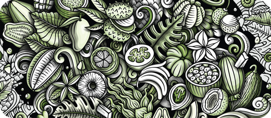 Cartoon vector doodle Tropical Fruits banner