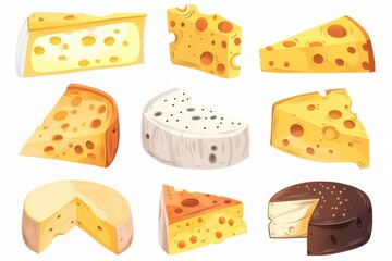 Illustration set of various types of cheese displayed on a white background