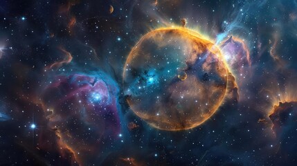 Obraz premium Stunning deep space nebula image showcasing vibrant cosmic colors and intricate stellar formations in a distant galaxy.