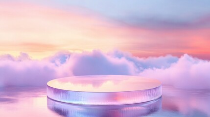 Elegant glass podium with a gentle sunset sky in the background