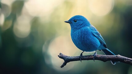 Fototapeta premium A striking blue bird sitting quietly on a branch, with a blurred background, highlighting the bird's natural beauty and tranquility.